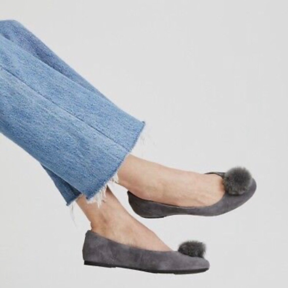 MICHAEL KORS REMI CHARCOAL RABBIT FUR POM SUEDE BALLET FLATS